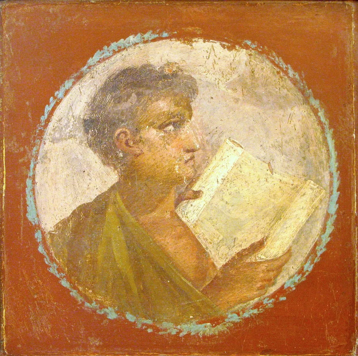 Roman portraiture fresco of a young man with a papyrus scroll
