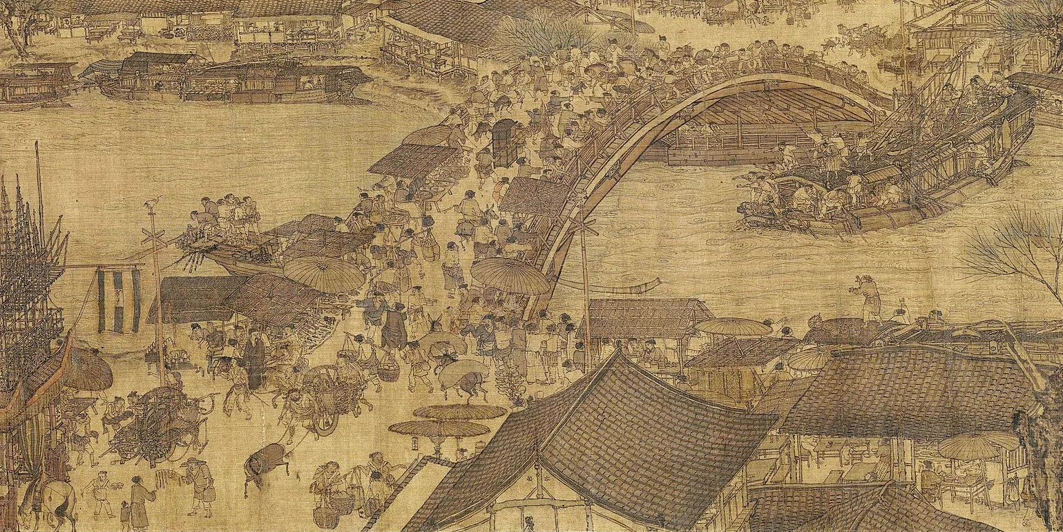 ancient chinese panoramic painting of 	
Along the River During the Qingming Festival