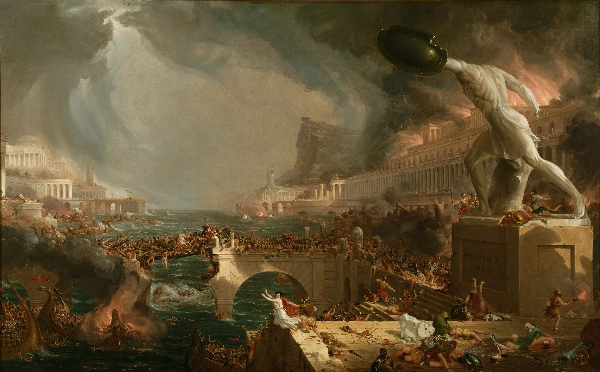 The painting shows the destruction of the Roman Empire with ships and buildings burning and people in chaos