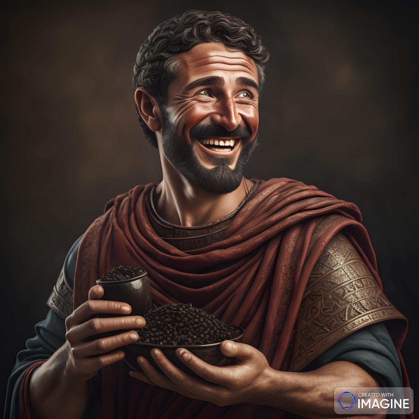 ai generated image of ancient roman holding black pepper and smiling