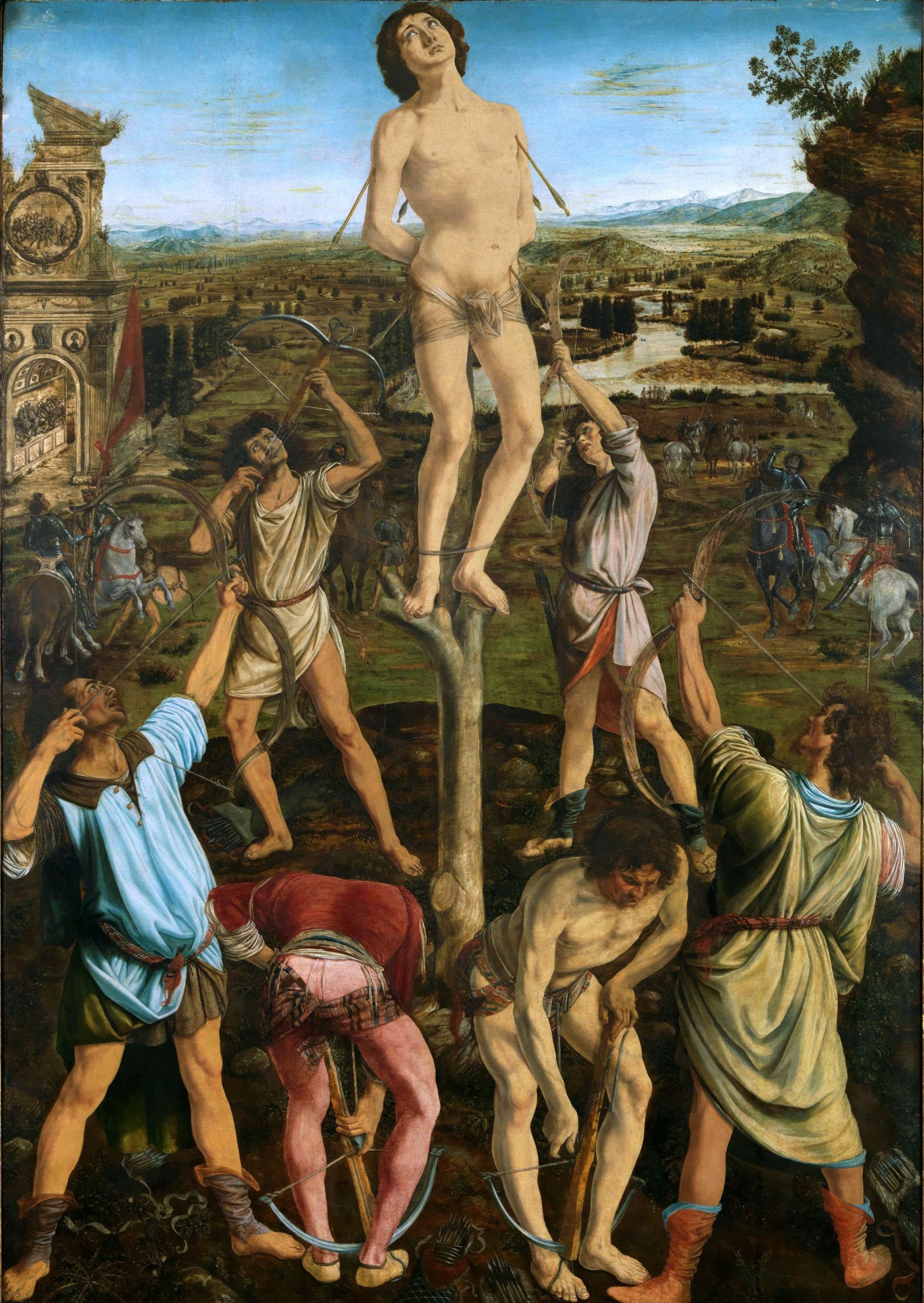 Saint Sebastian, from Antonio Pollaiuolo, in the air, soldiers focusing arrows on him