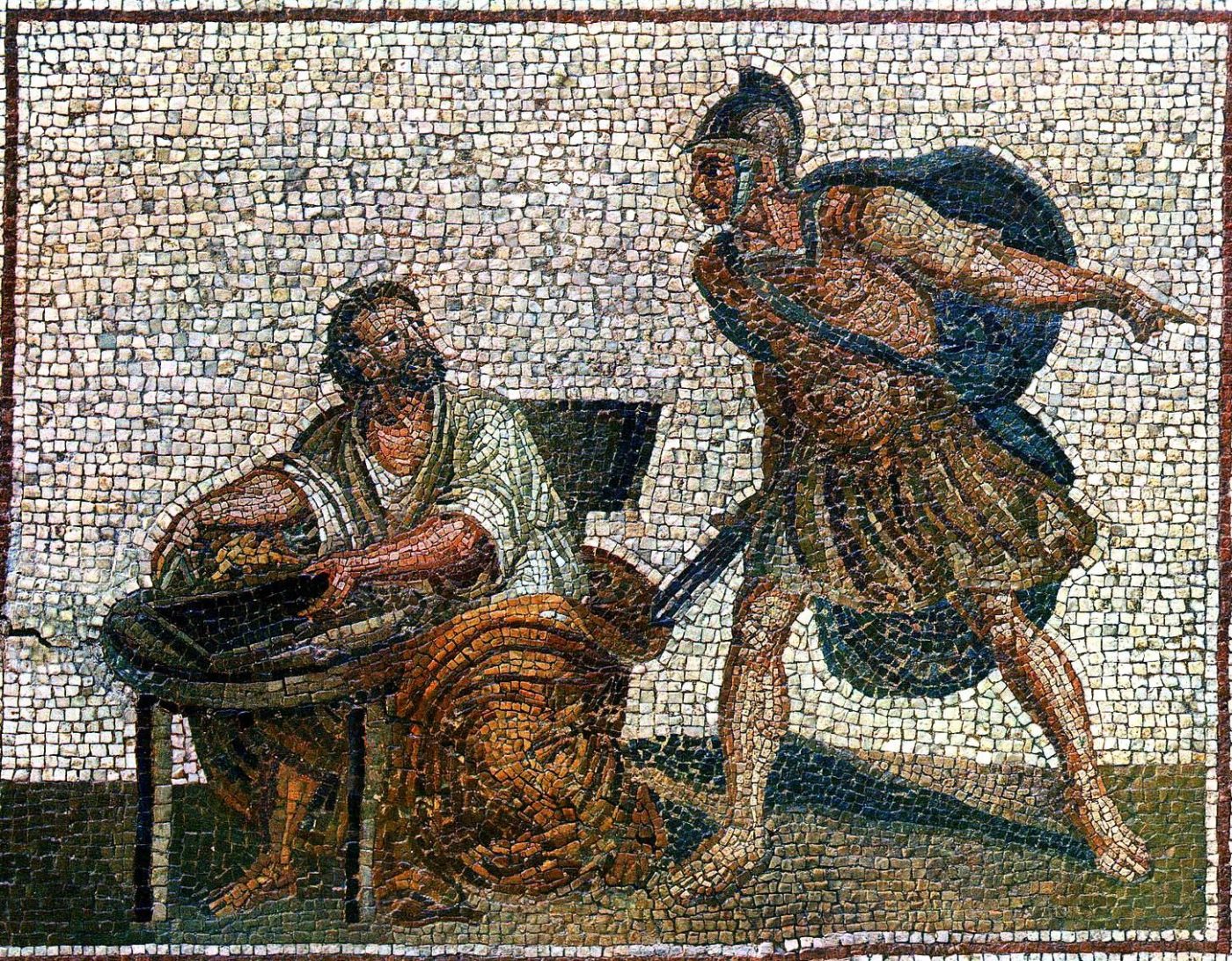 Mosaic of Archimedes before his death with a Roman soldier 