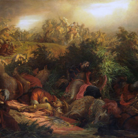 Oil painting of The Battle of Mohács. Dramatic Scene. In front fallen soldiers in the back, ongoing battle. Outstanding colors: dark red, golden orange, grass green