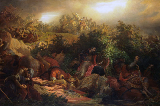 Oil painting of The Battle of Mohács. Dramatic Scene. In front fallen soldiers in the back, ongoing battle. Outstanding colors: dark red, golden orange, grass green