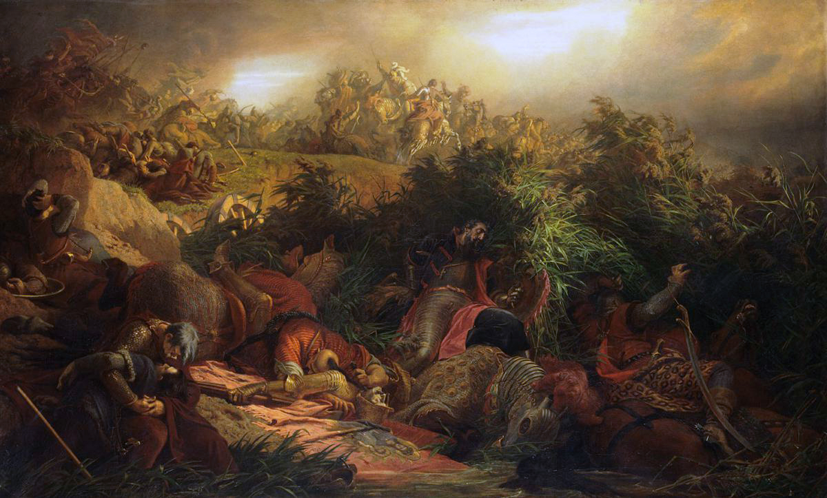 Oil painting of The Battle of Mohács. Dramatic Scene. In front fallen soldiers in the back, ongoing battle. Outstanding colors: dark red, golden orange, grass green