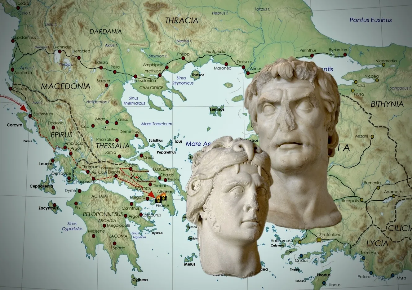Featured Image for Article displaying map of War Location and Head of Sulla and Mithridates VI