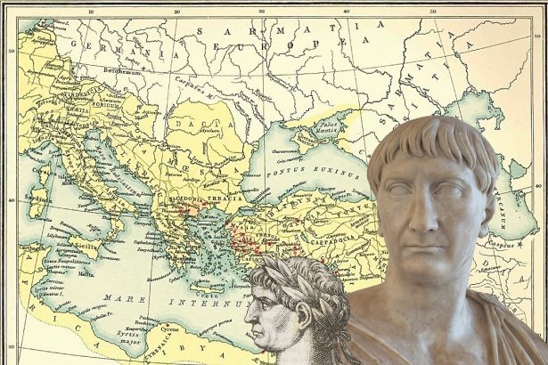 Cover of Article The Expension of the Roman Empire under Trajan showing Trajan and Map of Roman Empire under Trajan