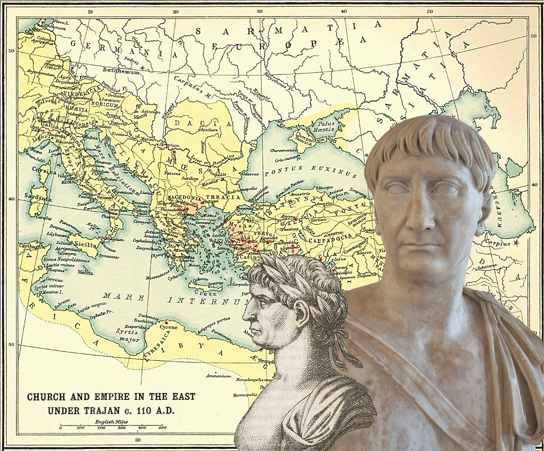 Cover of Article The Expension of the Roman Empire under Trajan showing Trajan and Map of Roman Empire under Trajan