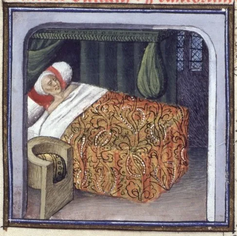 painting of medieval person lying in bed dying