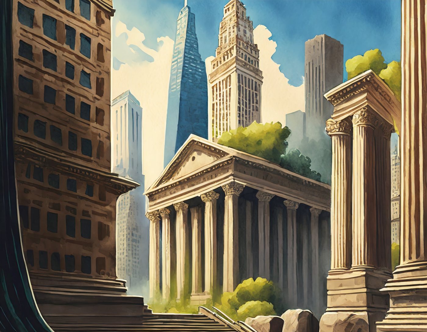 Generative ai - NewYork with modern buildings next to ancient roman architecture in What if 