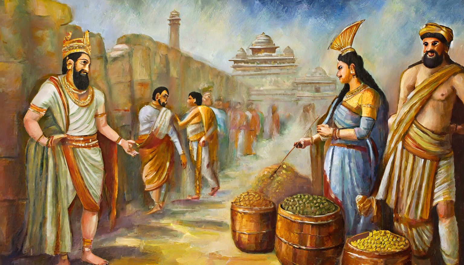 ai generated image of a painting portraing good trade with ancient india