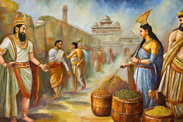 ai generated image of a painting portraing good trade with ancient india