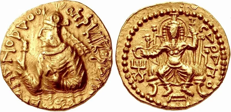 Coin displaying Kushan ruler Huvishka with seated Roman-Egyptian god Serapis wearing the modius.