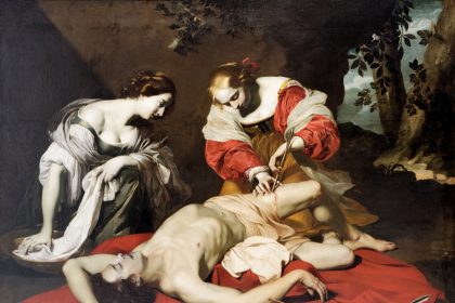 Nicolas Regnier - Saint Sebastian lying on the floor on a red fabric being nursed by Irene - highlight colors red and white