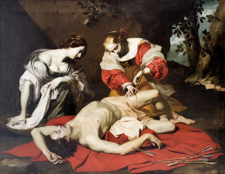 Nicolas Regnier - Saint Sebastian lying on the floor on a red fabric being nursed by Irene - highlight colors red and white