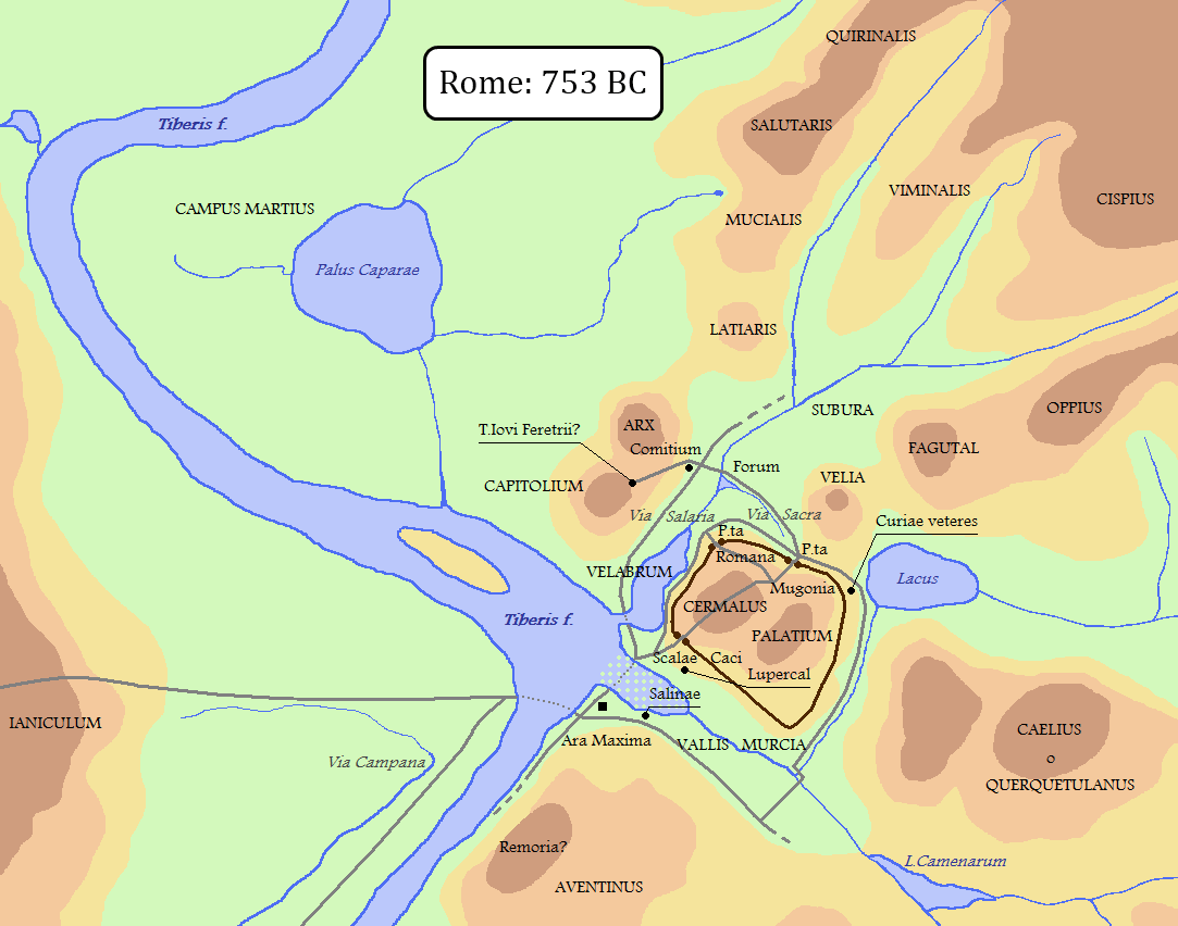 Modern reconstruction of the marshy conditions of early Rome, together with a conjectural placement of the early settlement and its fortifications