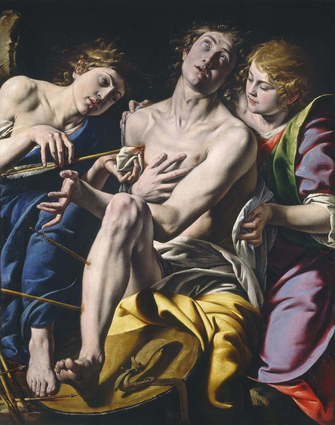 Tanzio_da_Varallo -Saint Sebastian treated, highlightcolors yellow, blue, purple robes, black background