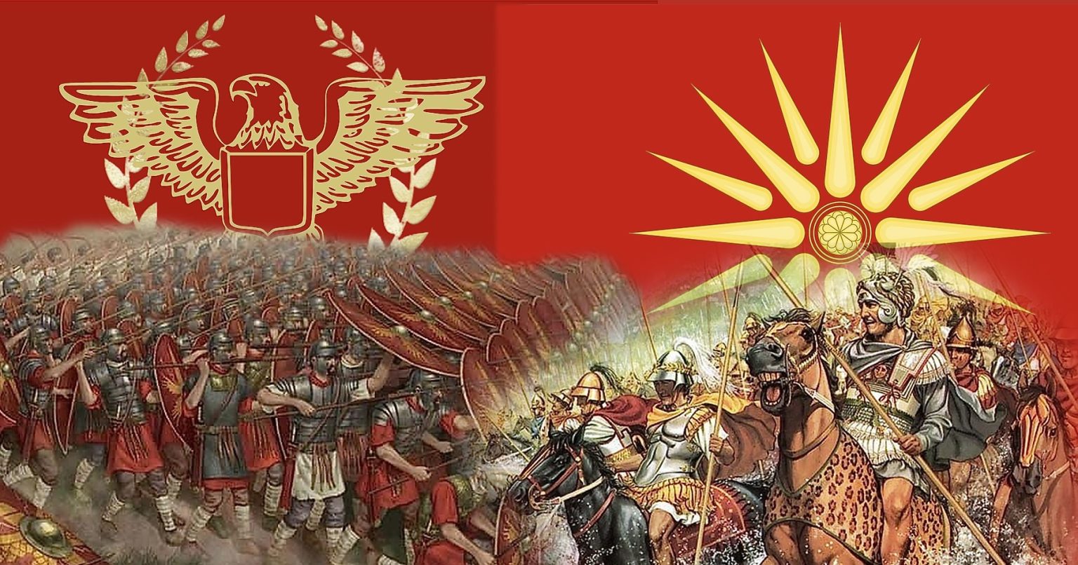 Featured Image of Article Roman Macedonian Wars, displaying ancient Romans with Roman Empire Flagg against mazedonian warios with Macedonian Empire flagg