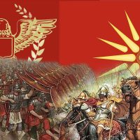 Featured Image of Article Roman Macedonian Wars, displaying ancient Romans with Roman Empire Flagg against mazedonian warios with Macedonian Empire flagg