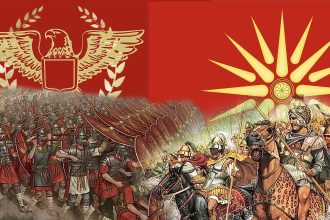 Featured Image of Article Roman Macedonian Wars, displaying ancient Romans with Roman Empire Flagg against mazedonian warios with Macedonian Empire flagg