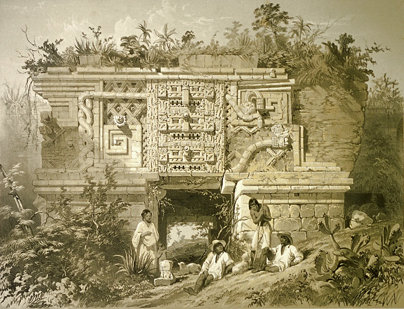 painting showing maya people infront of maya ruins