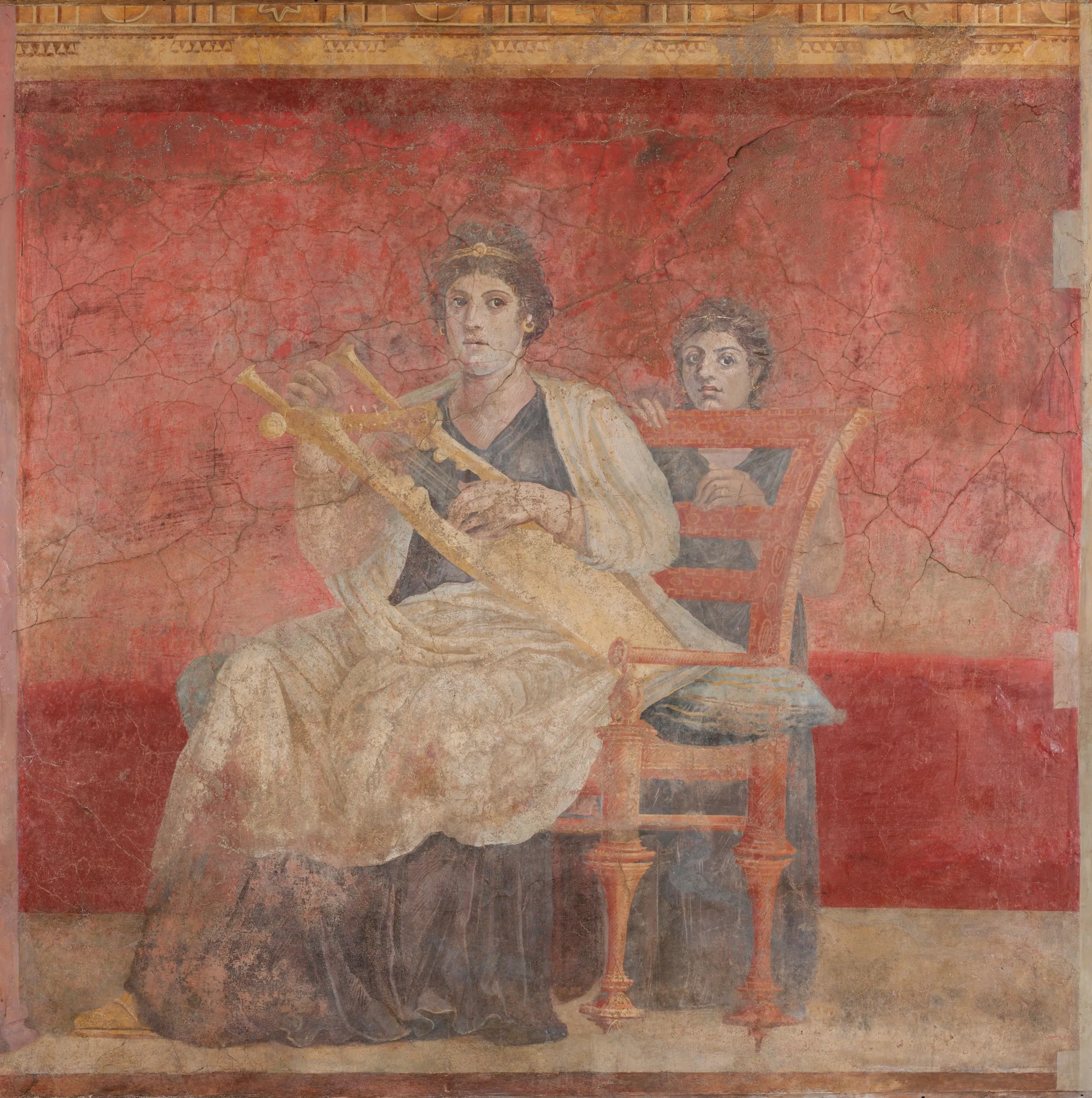 Wall fresco showing a seated woman, possibly Berenice II of Ptolemaic Egypt, wearing a royal diadem, this fresco from the Roman Villa Boscoreale offers a glimpse into the lavish life of ancient royalty in the mid-1st century BC