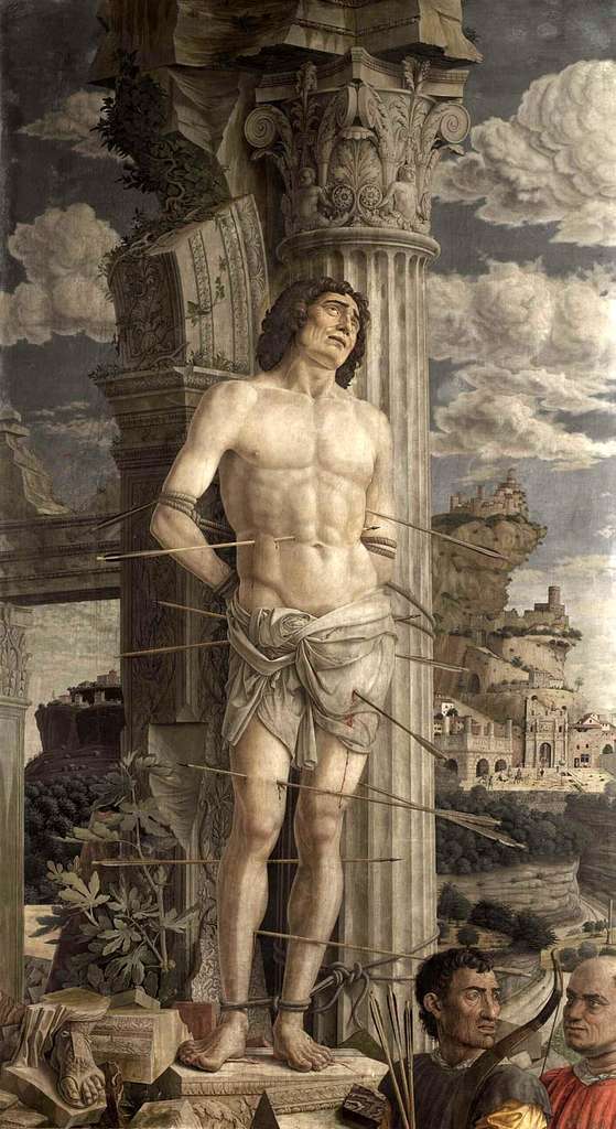 Saint Sebastian tied show with arrows, two soldiers in the front - Andrea Mantegna
