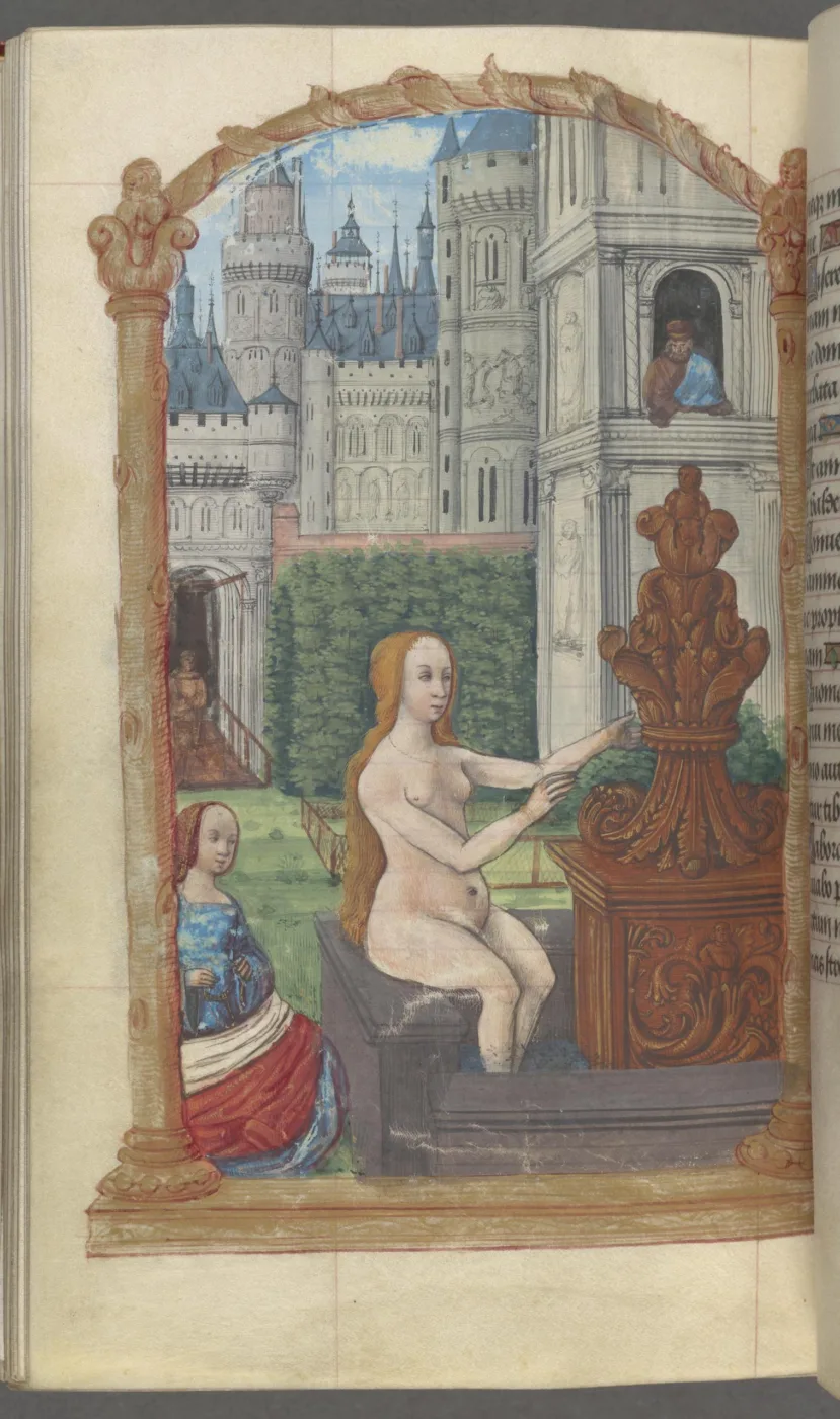 a medieval painting of a women bathing in a fountain